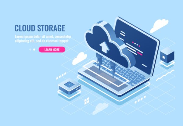 Cloud data storage isometric icon, uploading file on cloud server for remote access concept, laptop computer, database and data center, flat vector illustration