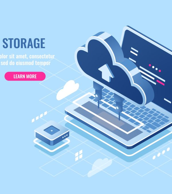 Cloud data storage isometric icon, uploading file on cloud server for remote access concept, laptop computer, database and data center, flat vector illustration